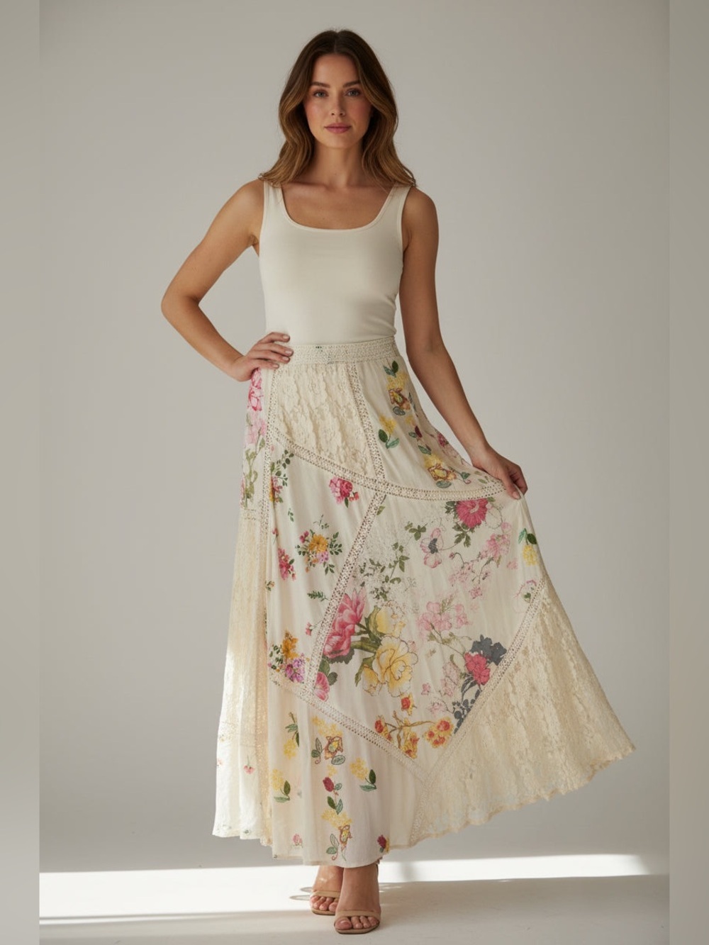 Floral Patchwork Lace Maxi Skirt - Cream